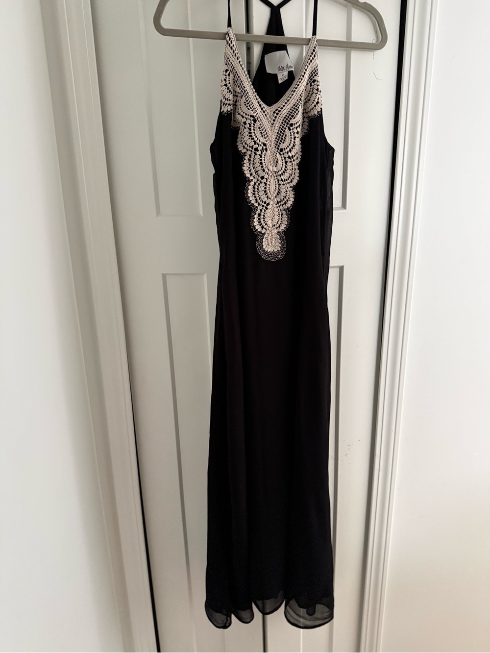Chloe Oliver Black Maxi Dress with Ivory Lace Applique